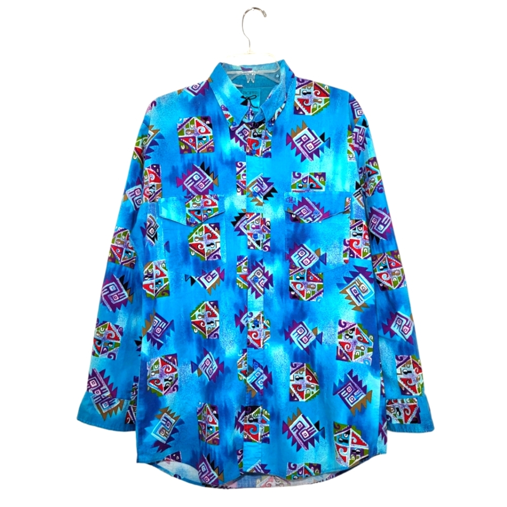 ROPER Vintage Western Cowboy Long-sleeve Blue Aztec Midwest Print